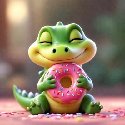The primary subject of the image is a green toy alligator figurine holding a pink doughnut. The setting is a table with a pink surface. The visual style is a digital art illustration. The colors are predominantly pink and green, creating a cheerful and playful atmosphere.